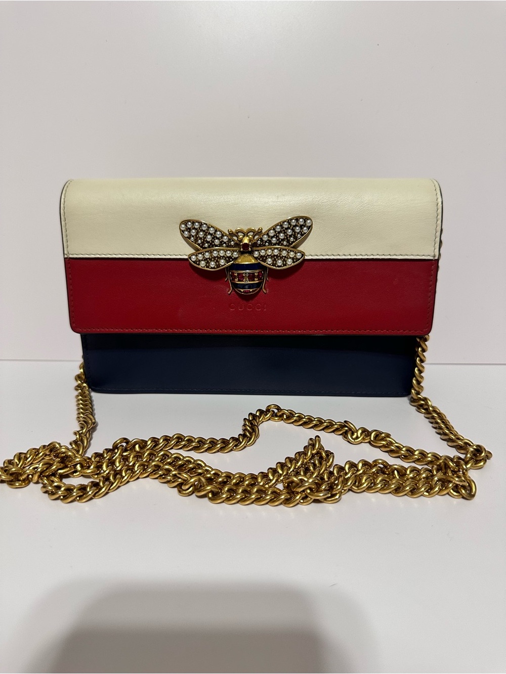Gucci ❤️🌟 Tri-Color Bee Chain Shoulder Bag - Ivory/Red/Navy ⭐️